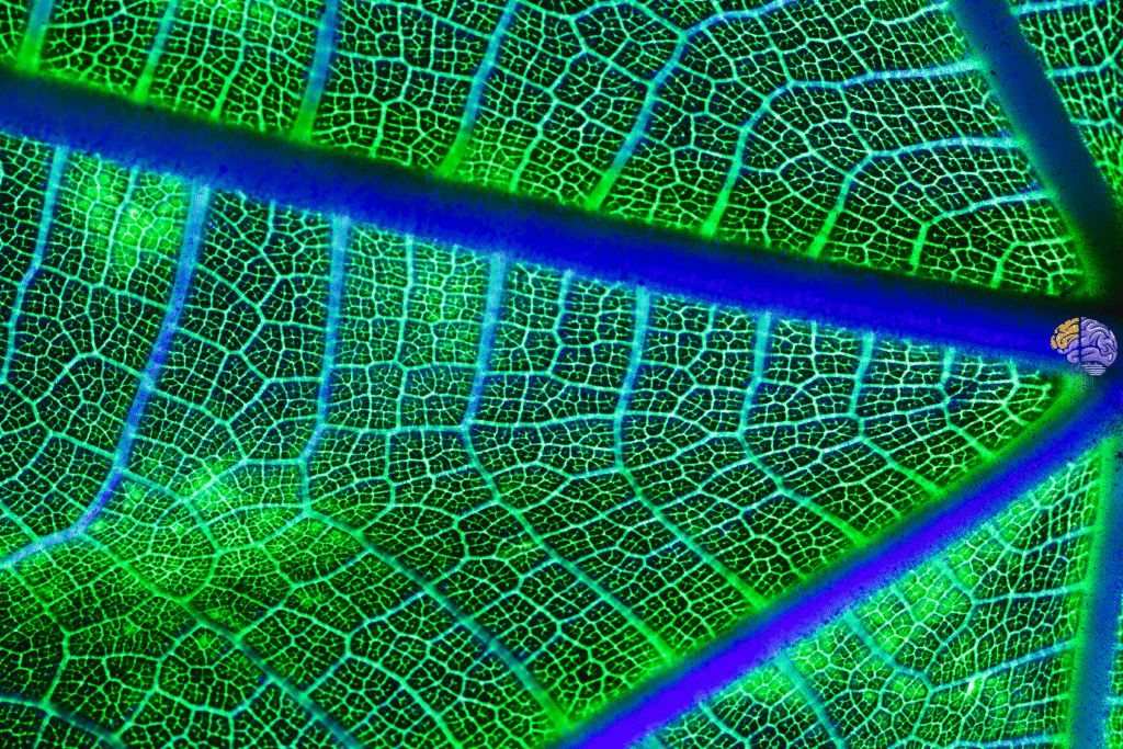 A macro photo of a leaf's intricate vein structure, glowing in green and blue, illustrating the study of natural mechanisms.