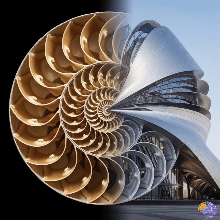 A composite image showing a Nautilus shell's spiral structure evolving into a futuristic building, a prime example of biomimetic architecture.