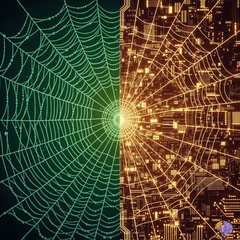 An illustration of biomimetics showing a spiderweb seamlessly transforming into an electronic circuit board, symbolizing nature-inspired technology.