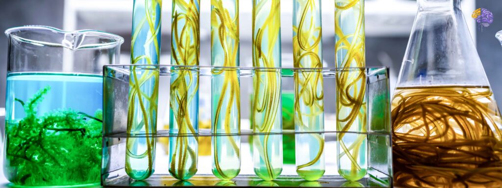 Bio-utilization research showing green algae being studied in laboratory test tubes, representing the direct use of biological substances.