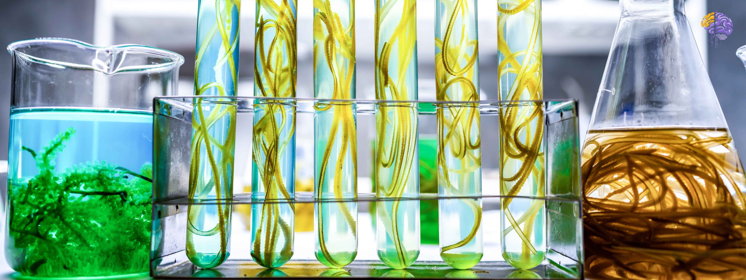 Bio-utilization research showing green algae being studied in laboratory test tubes, representing the direct use of biological substances.