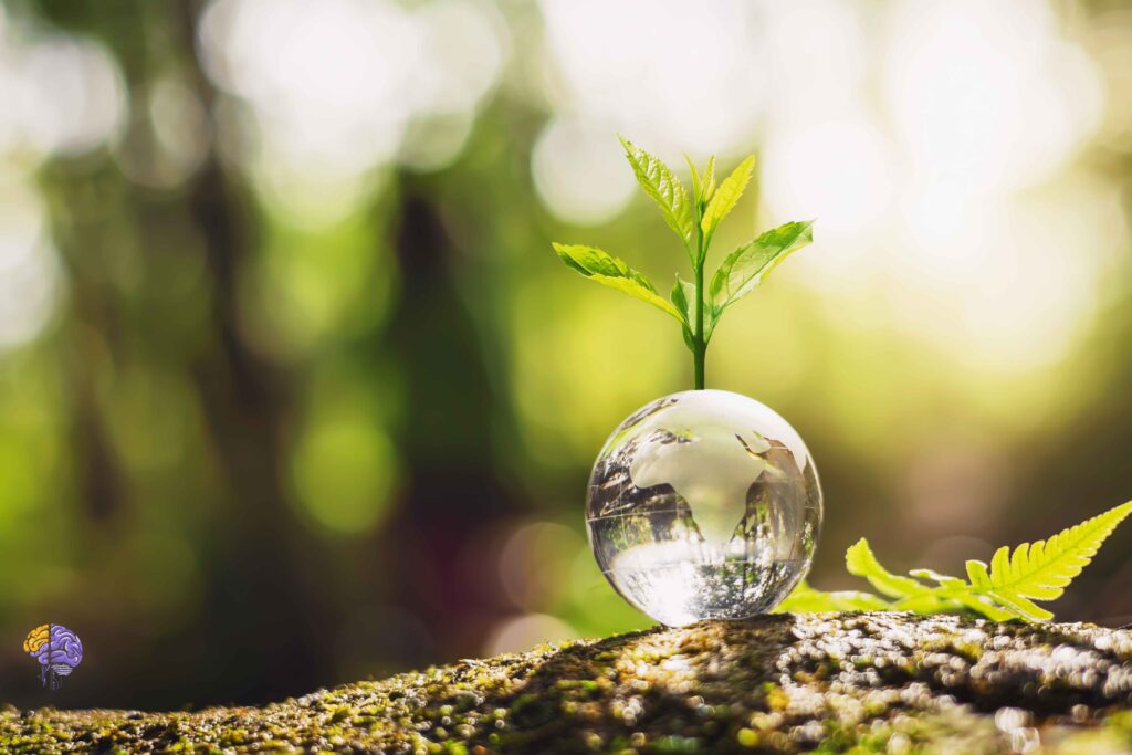 A glass globe showing a world map with a young plant growing from it, symbolizing the concept of biomimicry and creating "conditions conducive to life".