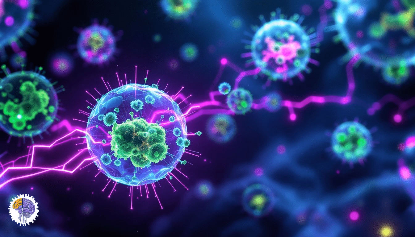 Microscopic or digitally rendered view of vibrant blue and green cellular or biological structures with glowing purple lines, representing the advanced technologies like microscopy that allow us to understand nature at unprecedented scales, fueling biomimetic discovery.