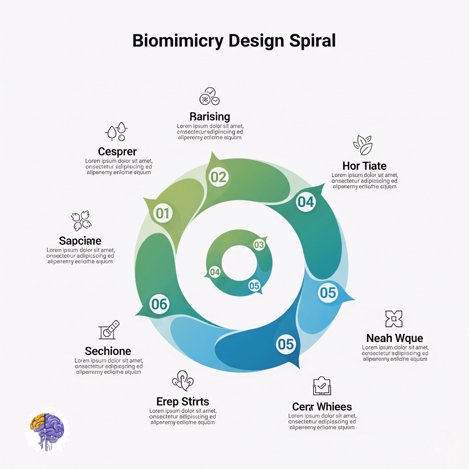 Biomimicry Design Spiral infographic illustrating the iterative steps of Define, Biologize, Discover, Abstract, Emulate, and Evaluate, central to the biomimetic design process.
