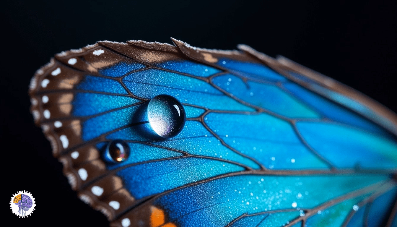 Close-up of water droplets beading on the surface of a vibrant blue butterfly wing, illustrating the self-cleaning properties inspired by the lotus leaf and the potential for biomimetic applications in material science.
