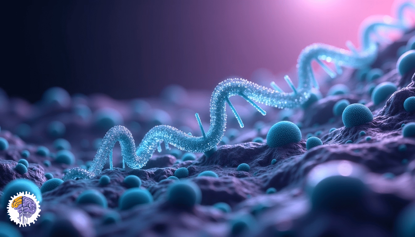 Abstract, digitally rendered image of a winding, thread-like blue structure with smaller spherical elements on a textured purple surface, suggestive of nanoscale biological mechanisms that can inspire "Biology to Design" innovation.