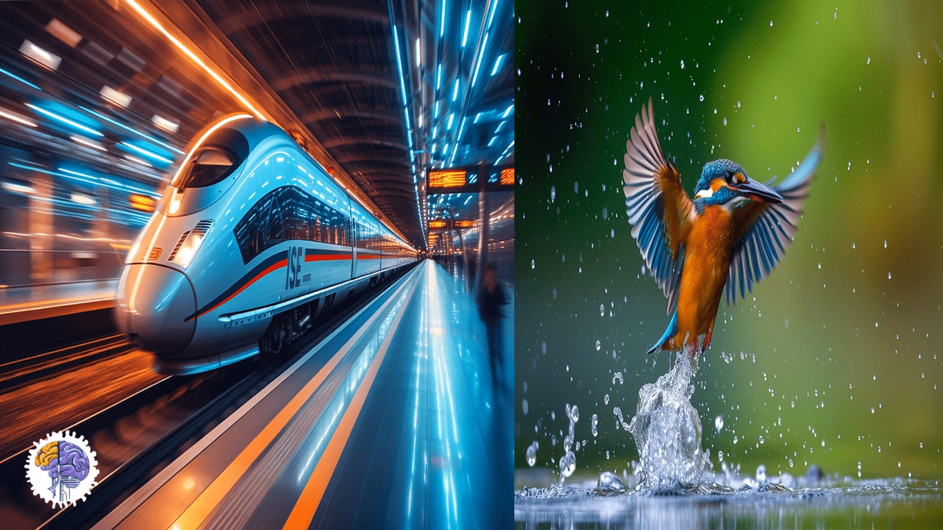 A split image showing the Shinkansen bullet train on the left and a diving kingfisher on the right, illustrating a biomimicry case study in efficient transportation design.