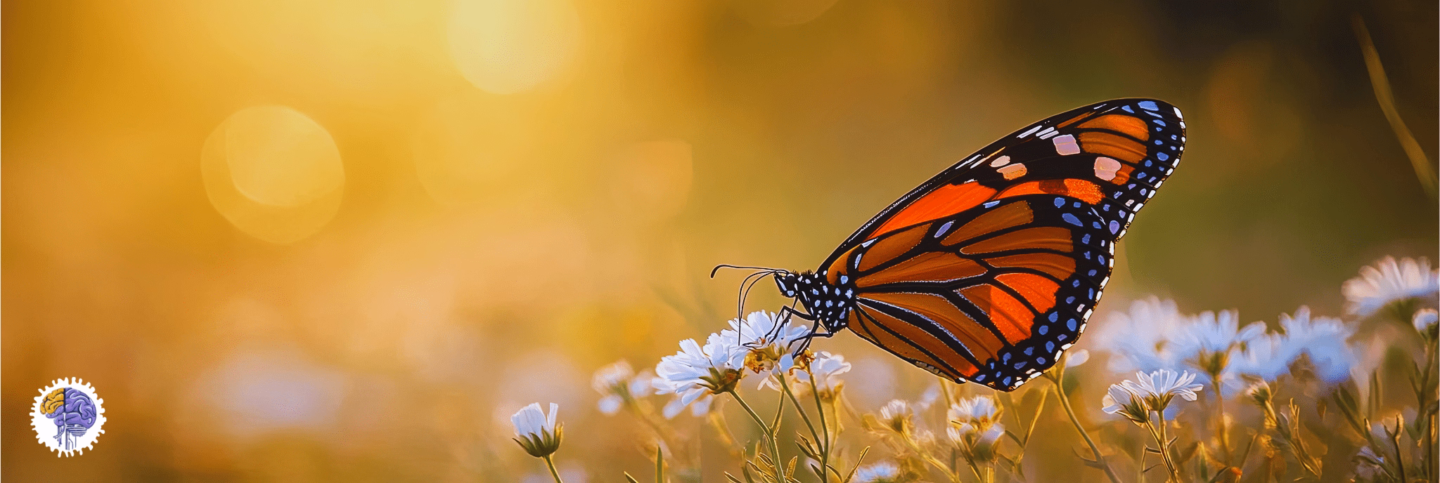 A monarch butterfly resting on white flowers in a sunlit field, symbolizing the elegance and efficiency of nature's genius, the core inspiration for biomimicry.