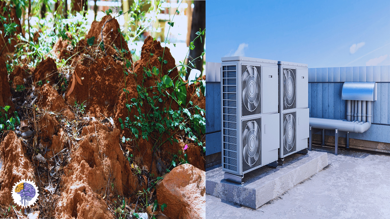 A split image comparing a natural termite mound to industrial HVAC units, illustrating the biomimicry case study of the Eastgate Centre's passive cooling system.