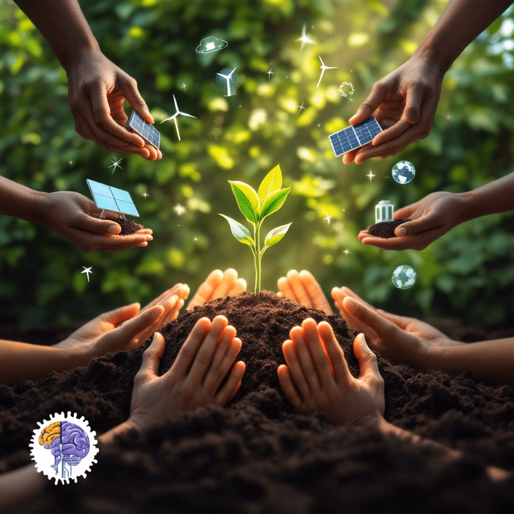 Conceptual image depicting hands nurturing a young plant surrounded by icons of renewable energy (solar panels, wind turbines), symbolizing the "Nature as Mentor" philosophy of biomimicry and the drive towards sustainable solutions inspired by the natural world.