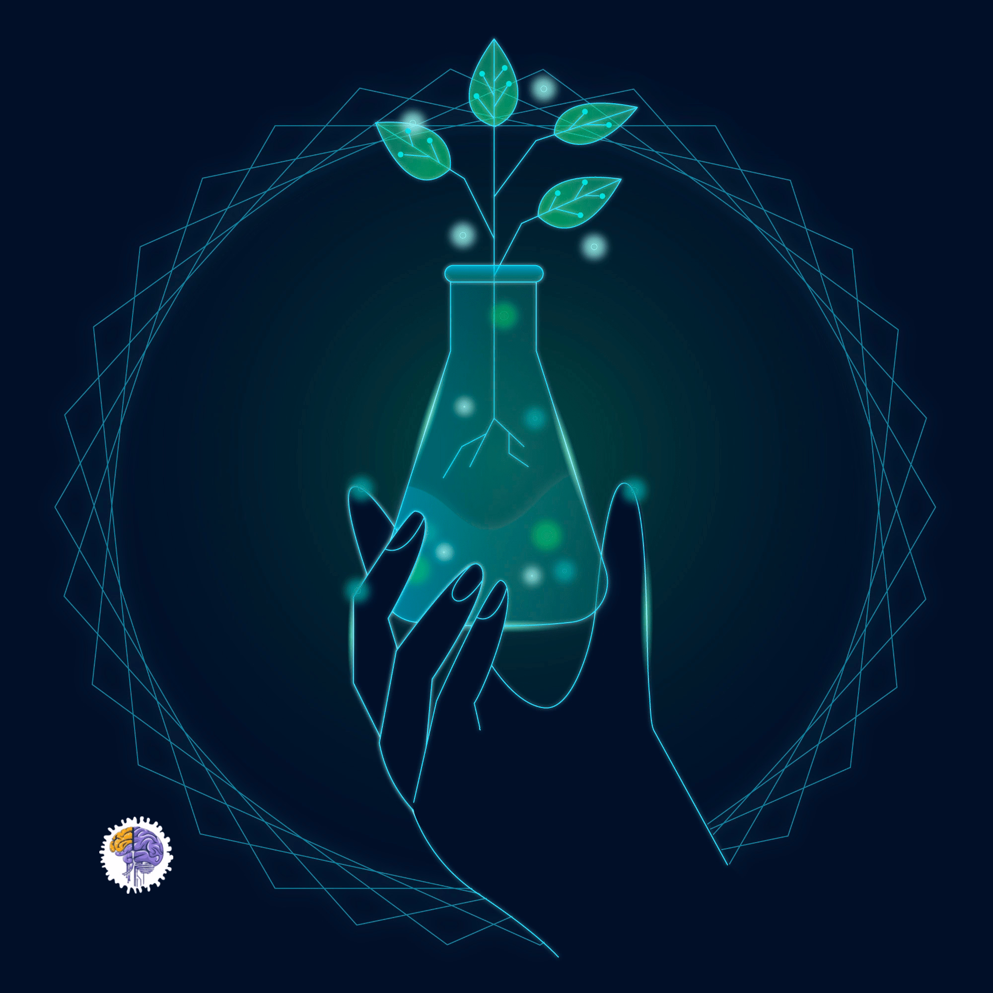 A stylized illustration of a hand holding a laboratory flask from which a plant is growing, symbolizing the promise of biomimicry as a pathway to a regenerative future.