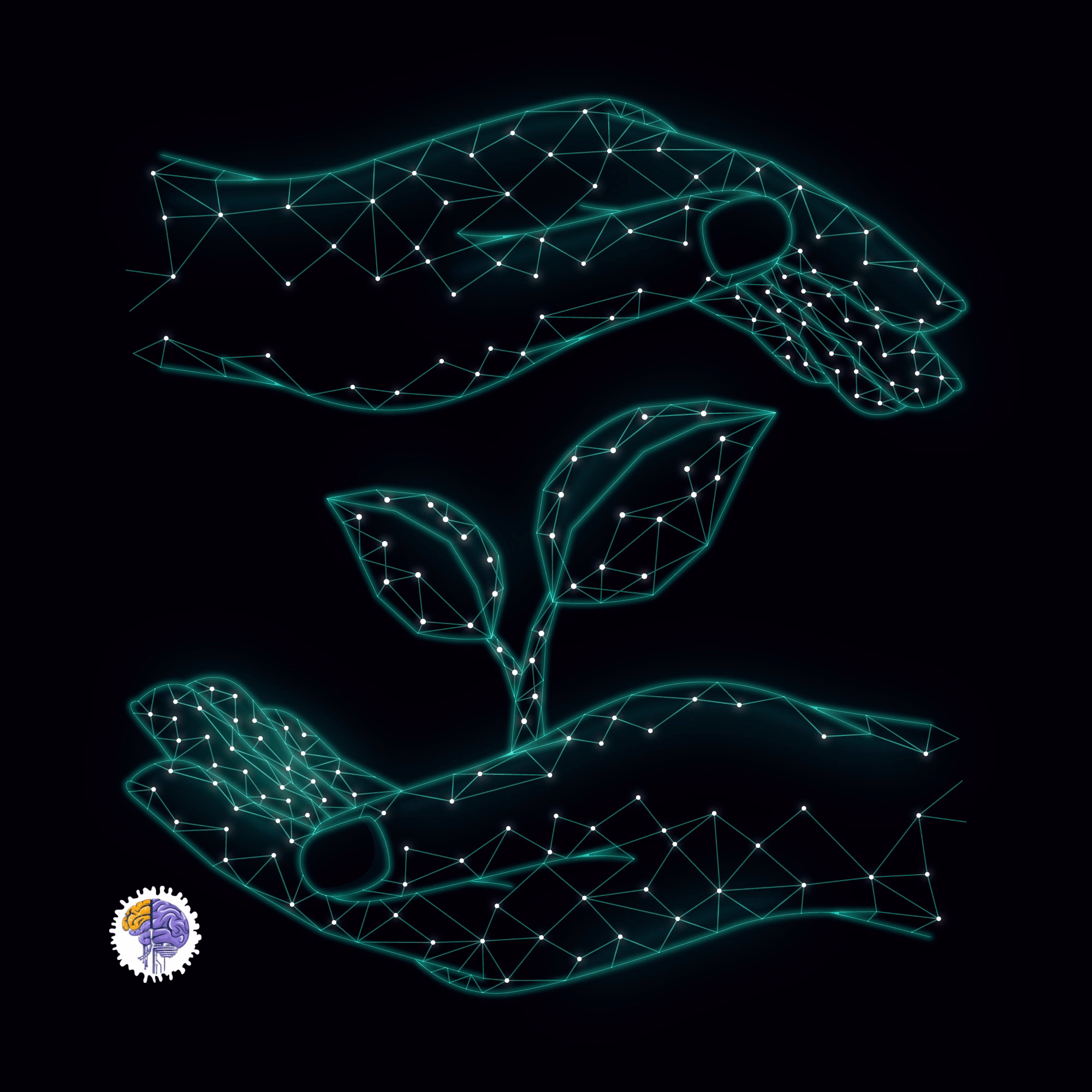 A digital illustration of two hands made of a glowing network protecting a small plant, representing the ethical considerations of biomimicry and the shift towards an ecocentric perspective.