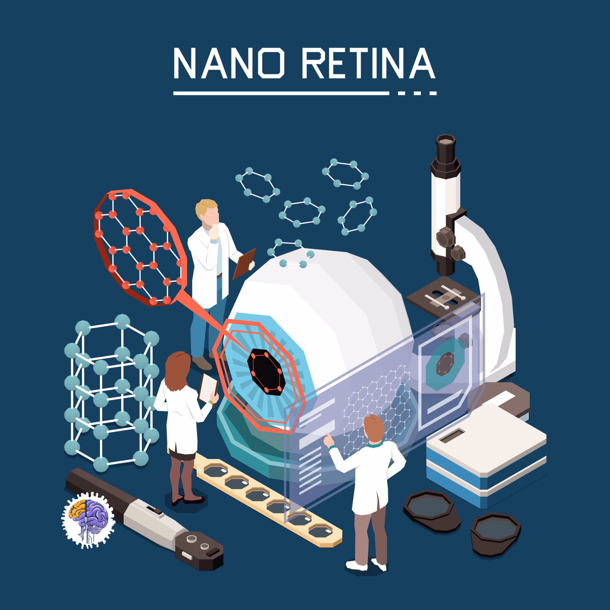 A conceptual illustration of scientists studying a large model of an eye with a nano retina, symbolizing the potential of nanobiomimetics to revolutionize medicine.